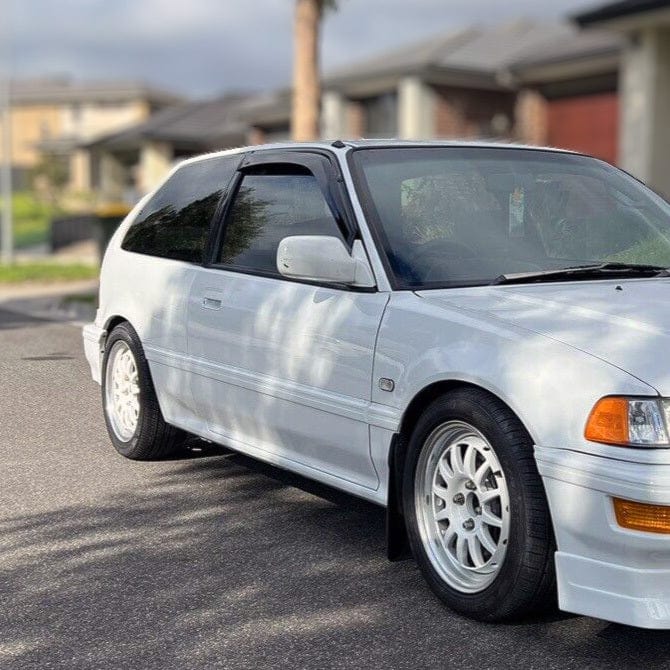 Installed view - Honda Civic EF 3 Door Hatch Weather Shields 1988-1991 - HIC Premium