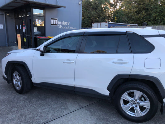 Installed view - Toyota RAV4 Weather Shields 2019-2025 with Chrome Trim - HIC Premium
