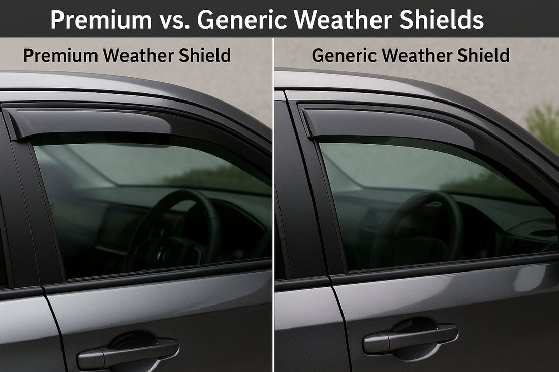 Side-by-side comparison of HIC premium weather shields and generic window visors on a car door