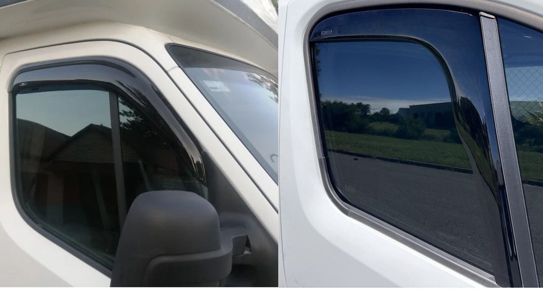 Comparison of in-channel vs stick-on weather shields on a car door demonstrating mounting differences.