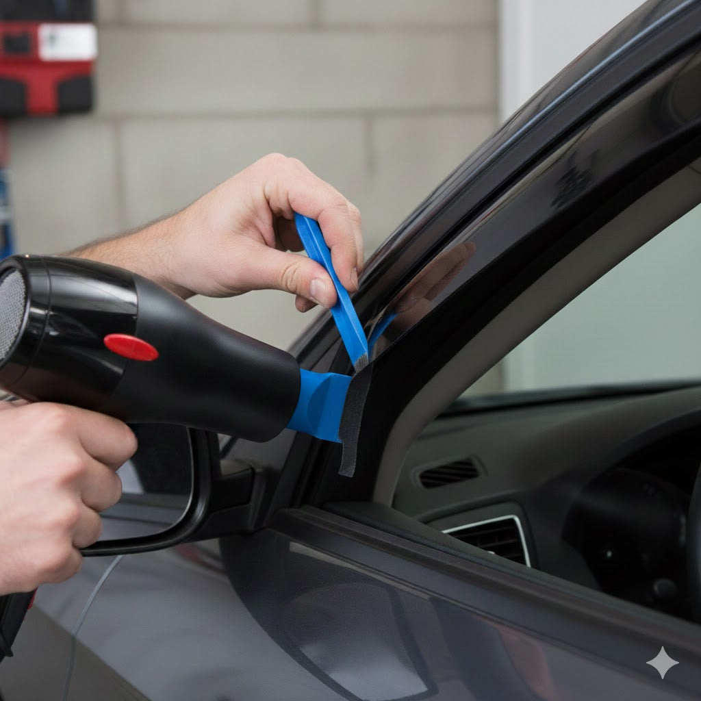 Safe removal of a car weather shield using a hairdryer and plastic trim tool, highlighting the soft 3M automotive tape adhesive being lifted.