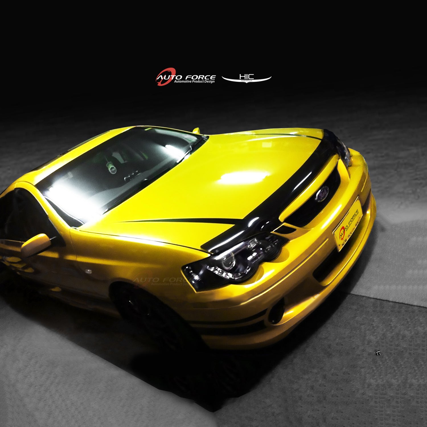 Ford Falcon premium accessories including weather shields, rear roof spoilers, bonnet protectors, oil dip sticks, oil caps, steering fluid caps, bonnet struts, and headlight eyelids designed for durability and performance.