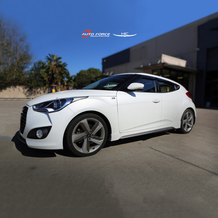 Premium Weather Shields / Window Visors / Rain Guards for the Hyundai Veloster collection, tinted black, made from high-quality Perspex plastic. UV resistant, stylish design, and easy installation for superior vehicle protection and aesthetics