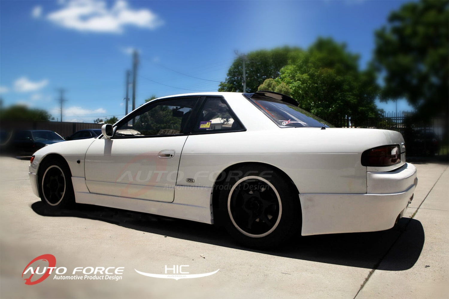 Nissan Silvia S13 weather shields & roof spoiler (1989–1994) — black-tinted Perspex window visors and aerodynamic rear spoiler for clean airflow and rain protection