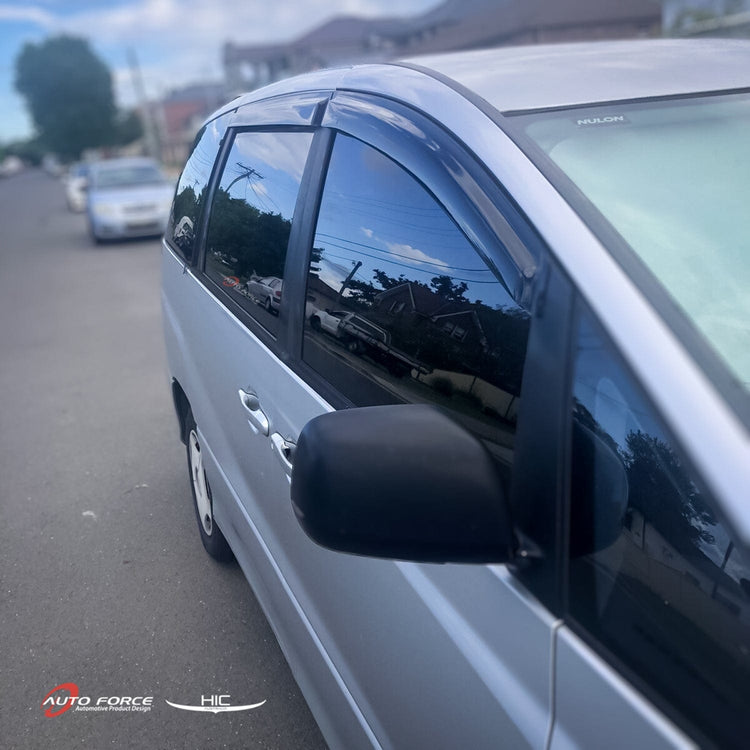 Toyota Estima weather shields (2000–2006) — black-tinted Perspex external-mount window visors for UV resistance, rain protection & minivan styling