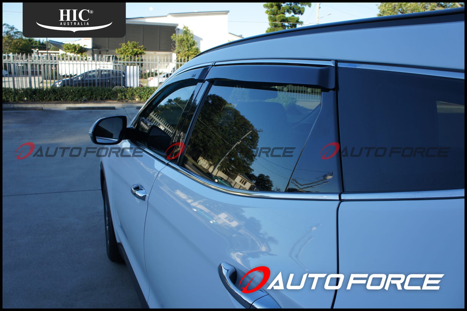 Installed view -  Hyundai Santa Fe Weather Shields 2013-2018 - Chrome Trim - HIC Premium